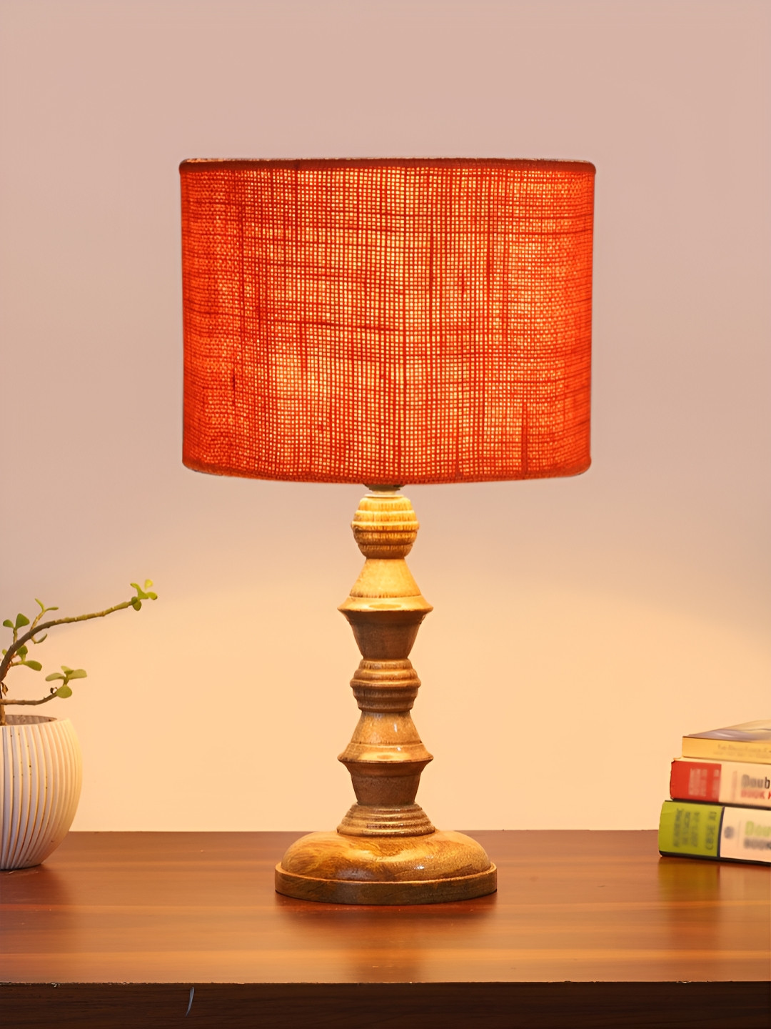 Devansh Orange Drum Shaped Wooden Table Lamp