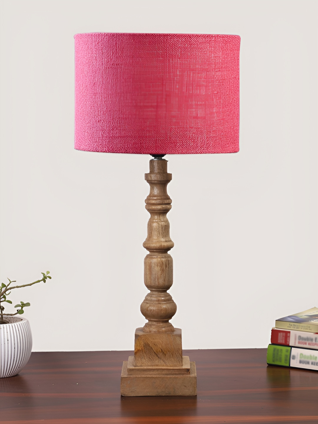 Devansh Pink Drum Shaped Wooden Table Lamp