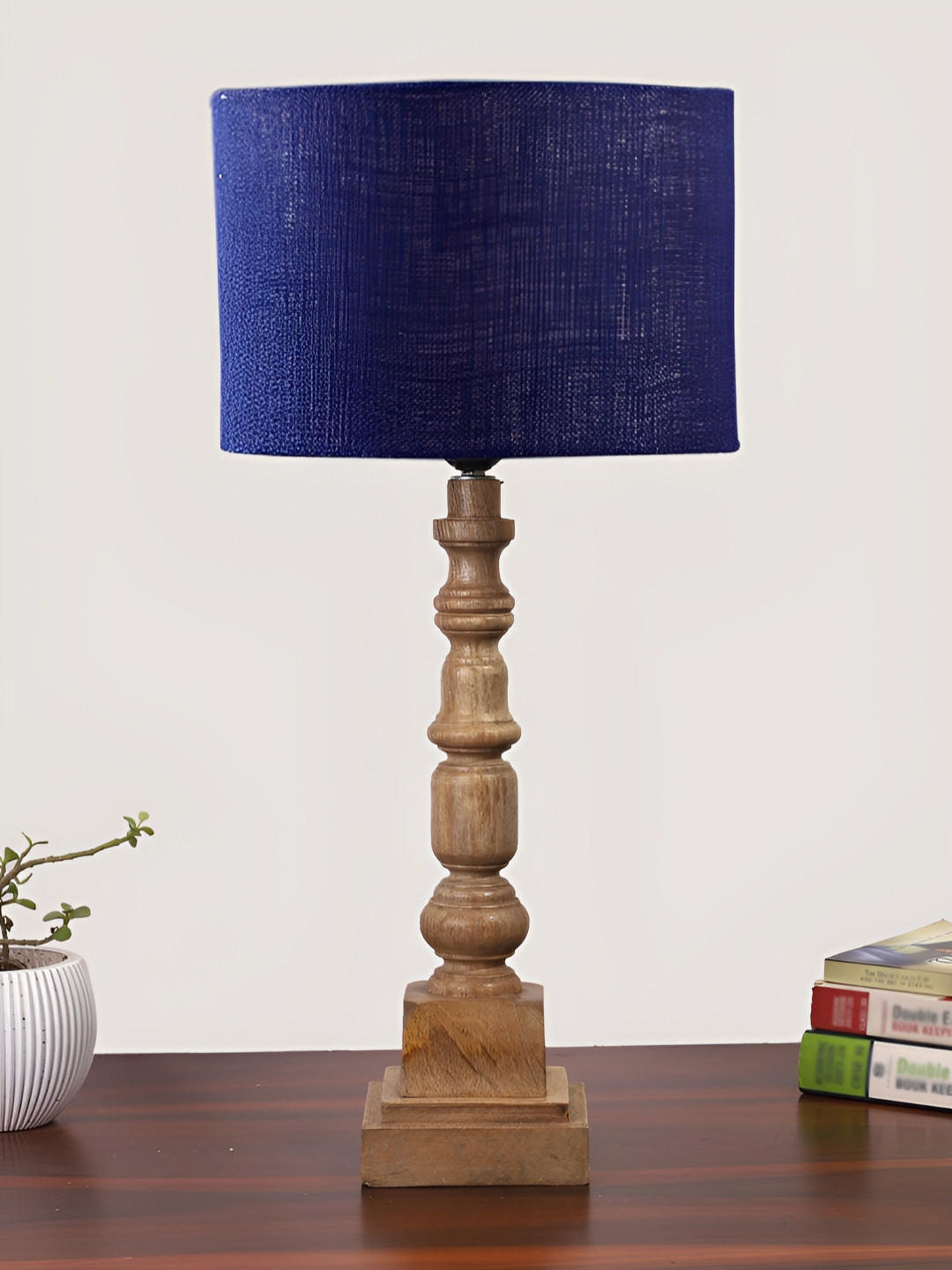 Devansh Blue Drum Shaped Wooden Table Lamp