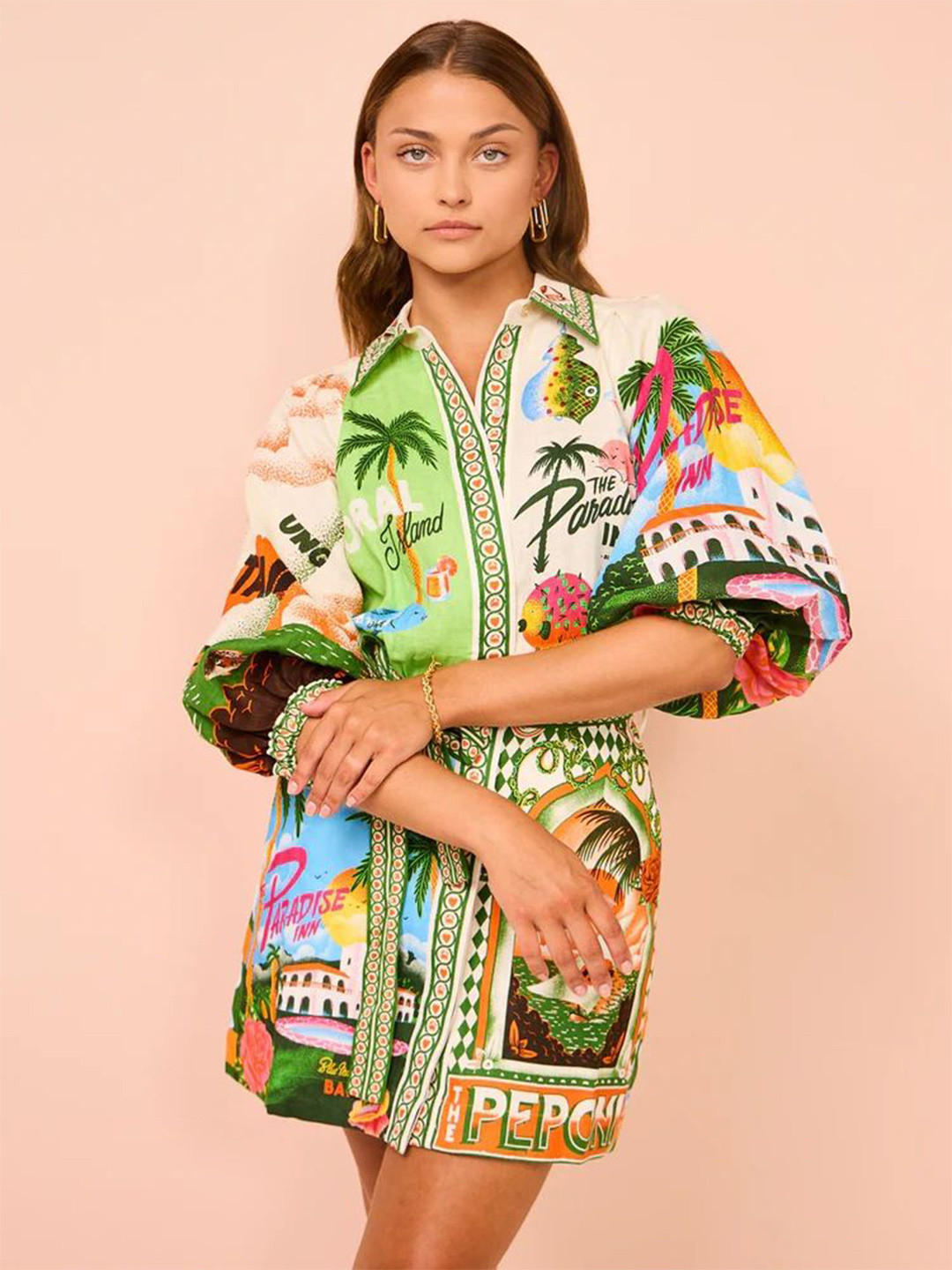Routes by All About You Tropical Print Linen Shirt Dress