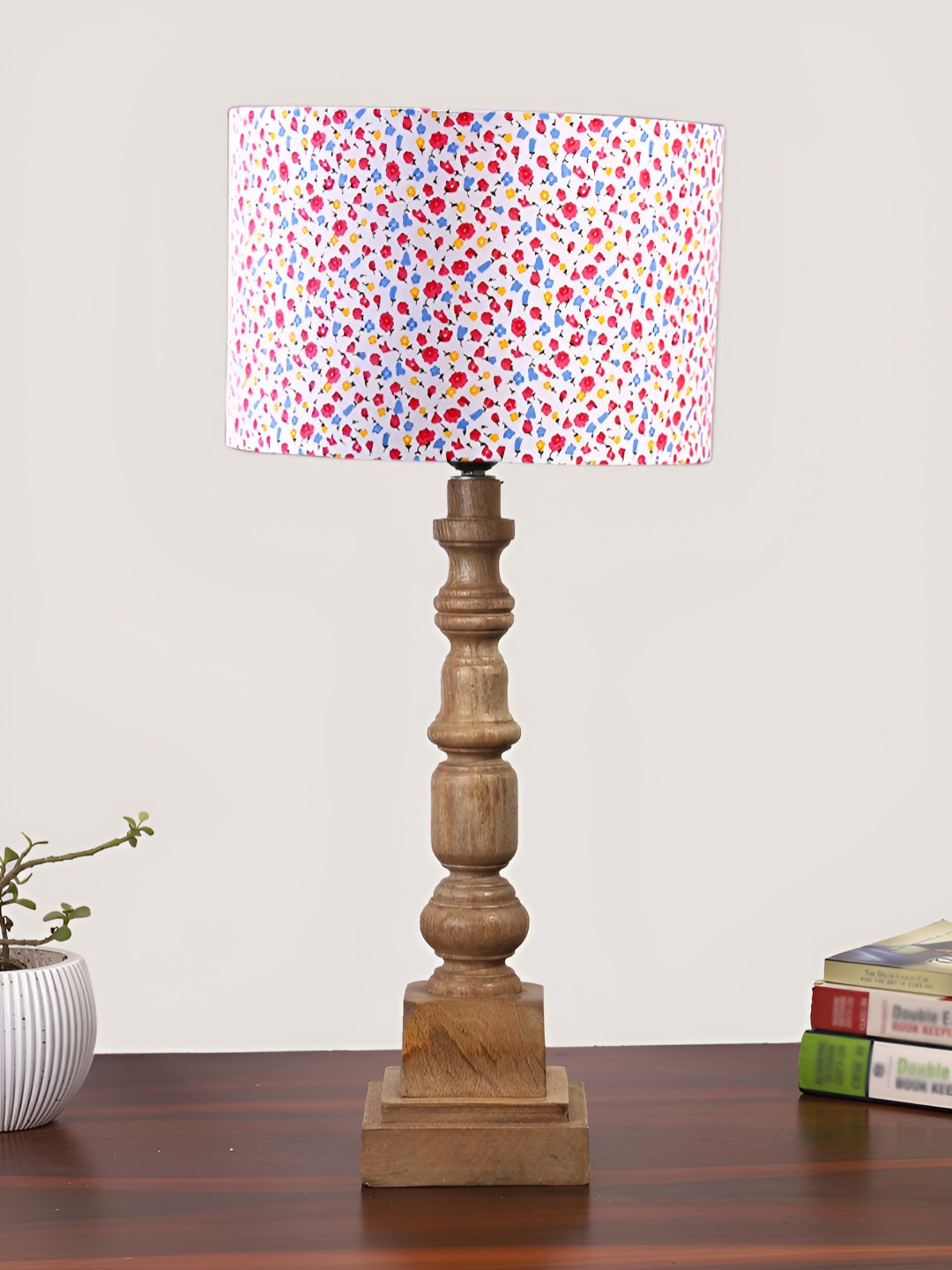 Devansh White Printed Drum Shaped Wooden Table Lamp