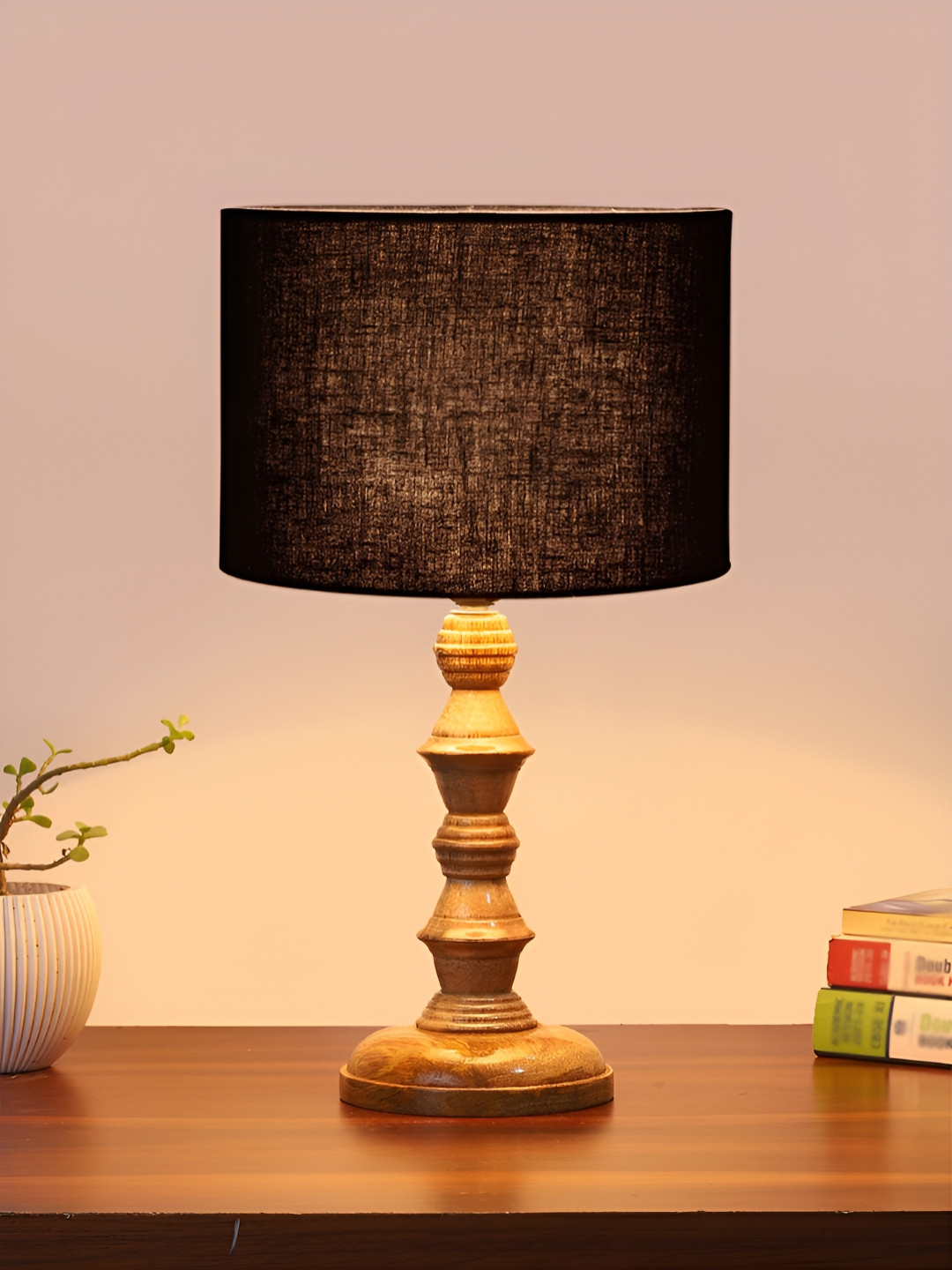 Devansh Black Drum Shaped Wooden Table Lamp