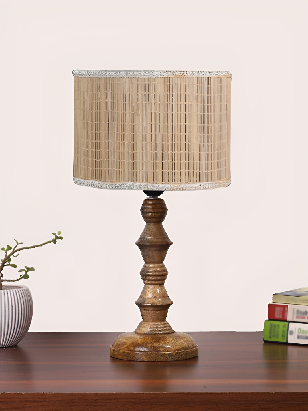 Devansh Beige Textured Drum Shaped Wooden Table Lamp