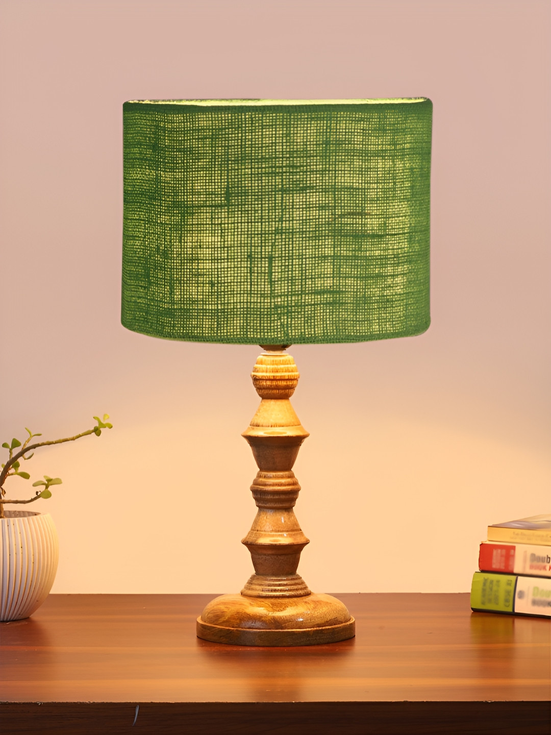 Devansh Green Drum Shaped Wooden Table Lamp