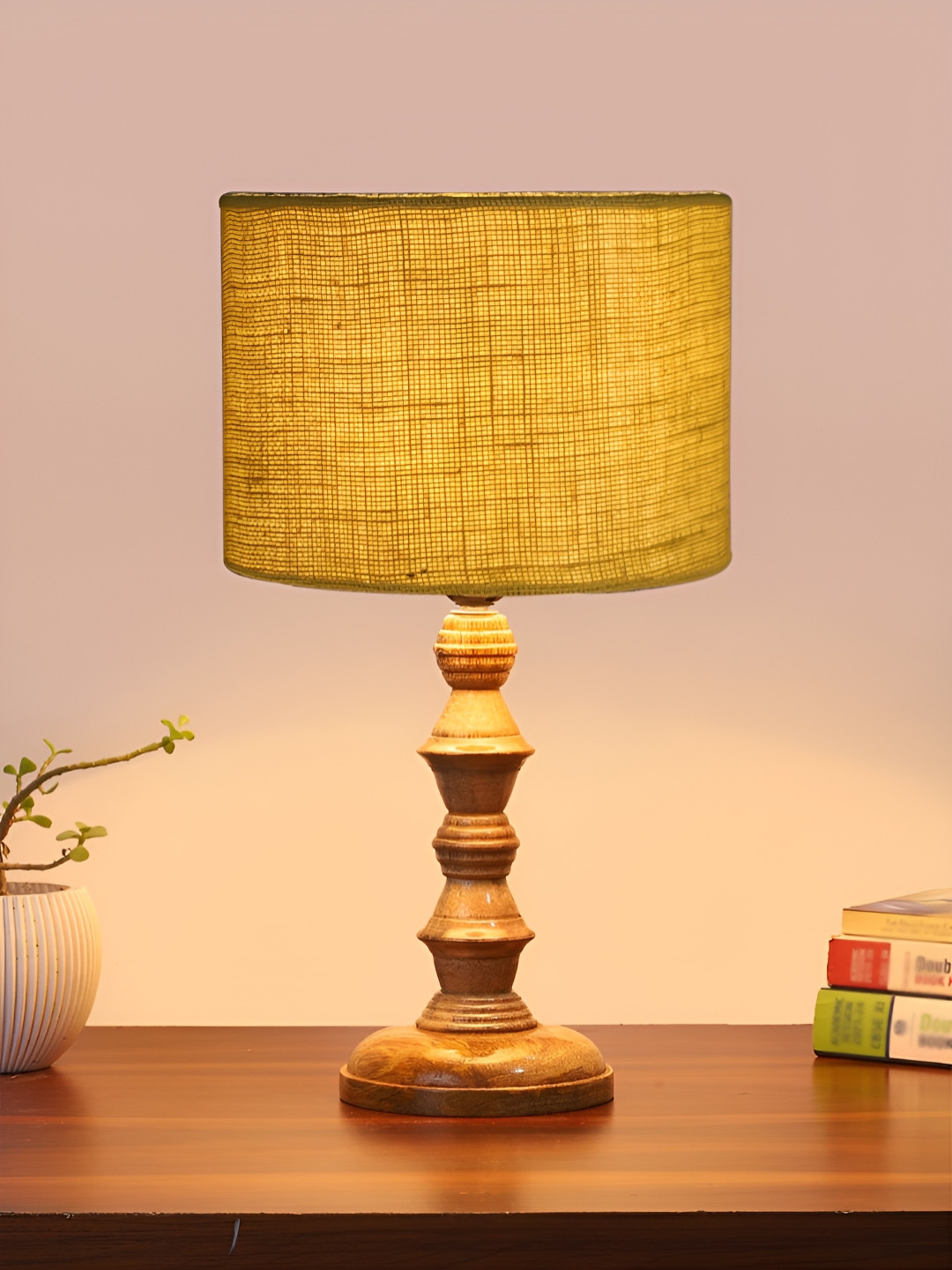Devansh Yellow Drum Shaped Wooden Table Lamp