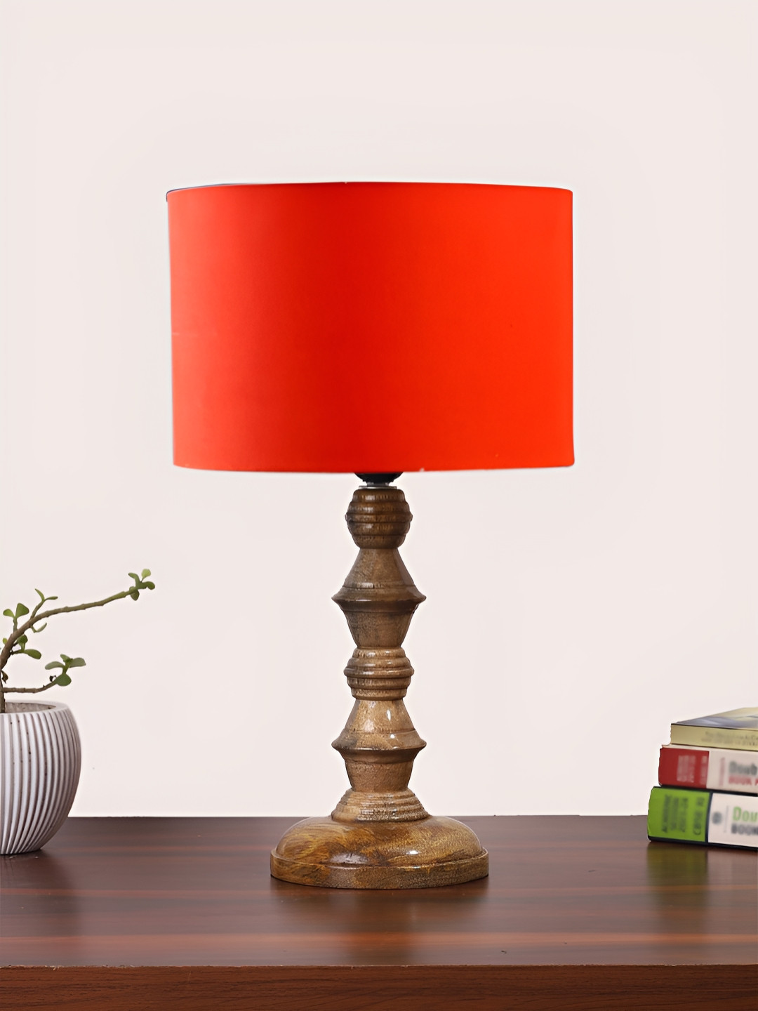 Devansh Orange Drum Shaped Wooden Table Lamp