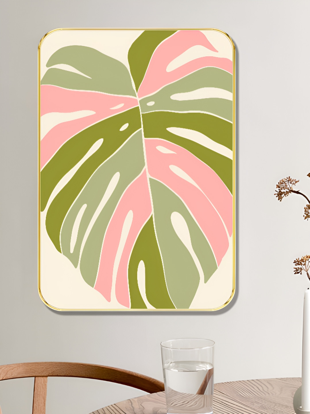 Livin'luxe Off White & Green Pastel Monstera Leaf Printed Wooden Wall Art