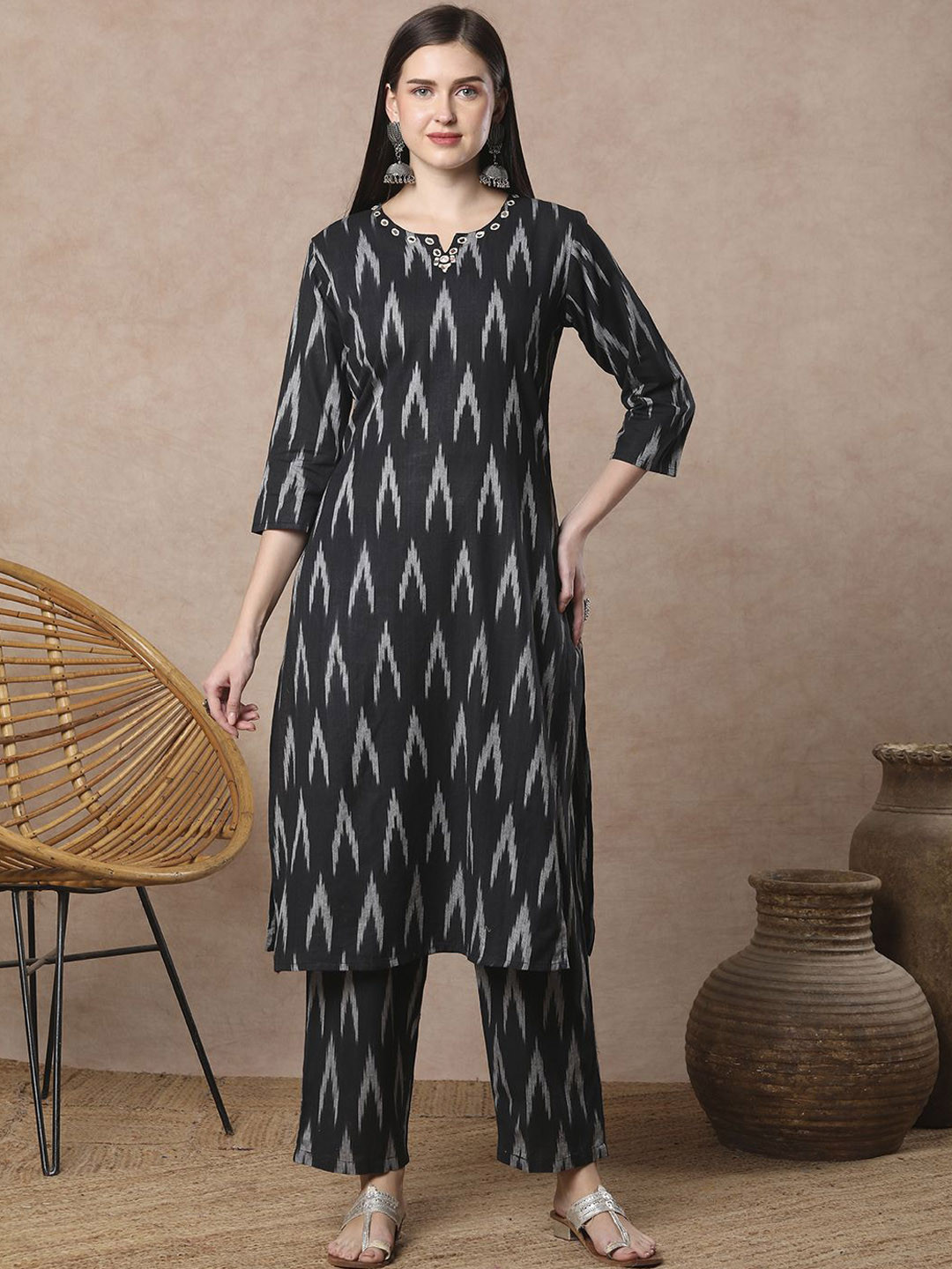 FASHOR Mirror Work Ikat Printed Straight Fit Cotton Top With Trousers Co-Ords