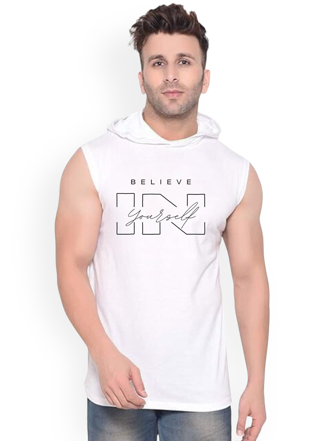 Fashnobic Believe In Yourself Printed Hooded Gym Vest - K__Print-181_gym_vest White M