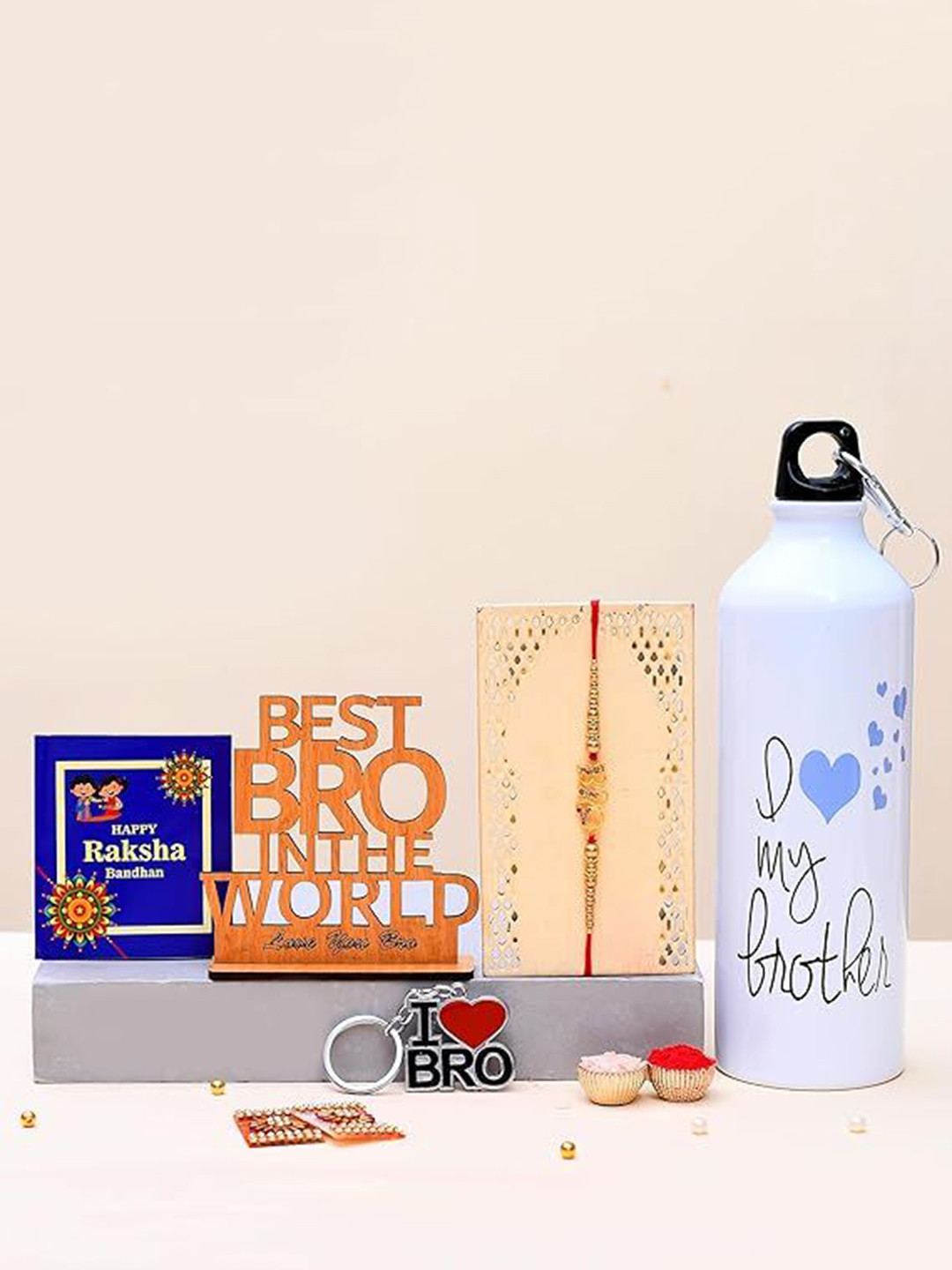 Pride Store 6-Pcs Rakhi With Sipper Bottle I Love My Bro Key Chain Showpiece Gift Set