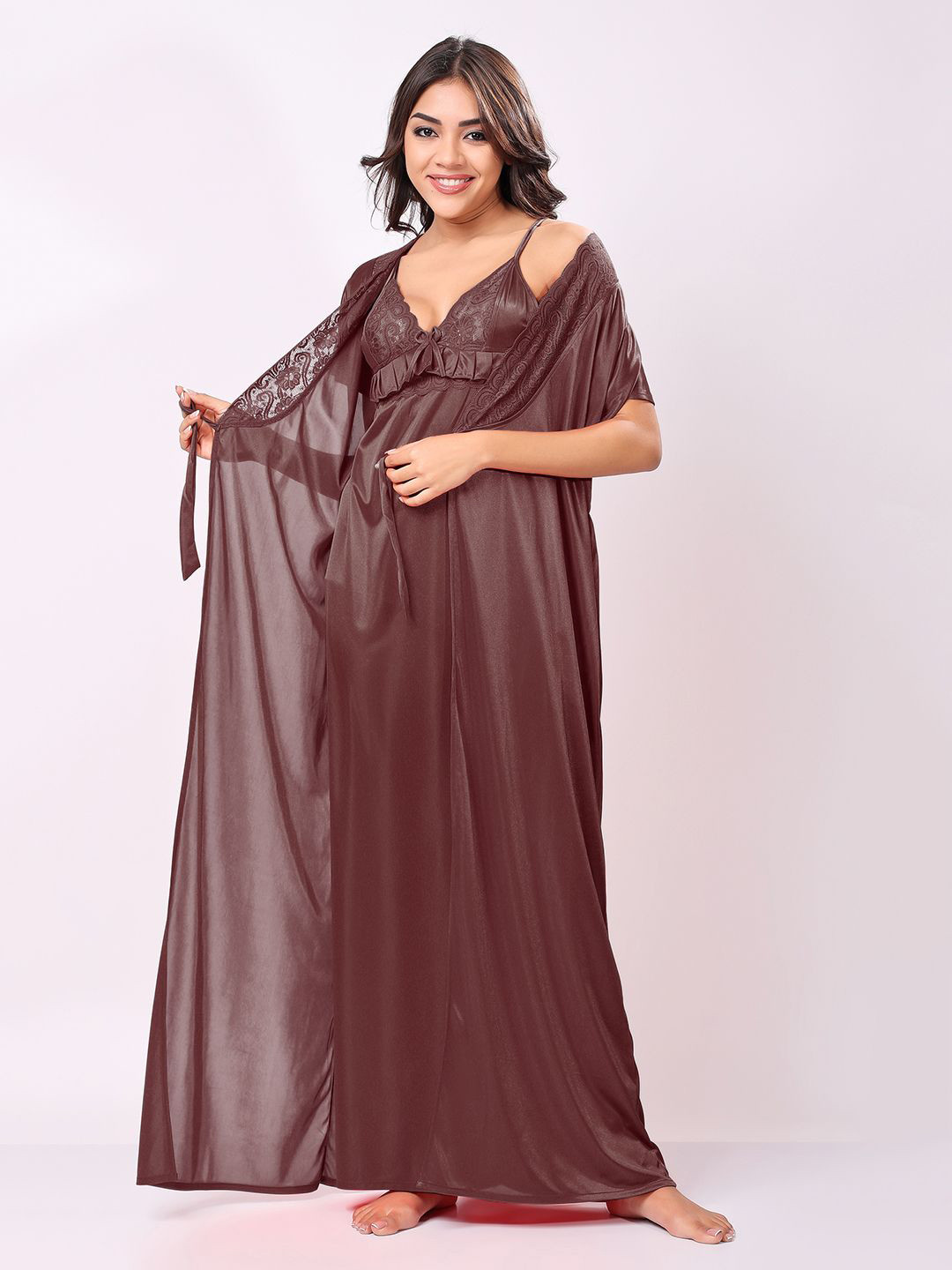 Night Keys Women Brown Soild Satin Night Dress With Robe