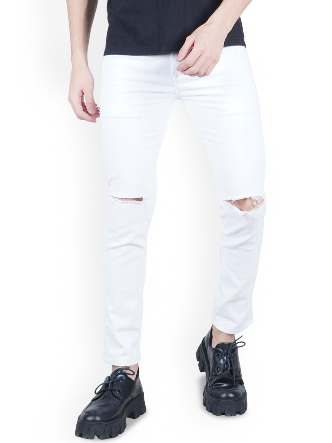 SZN Men Slim Fit Mid-Rise White Jeans with Slash Knee