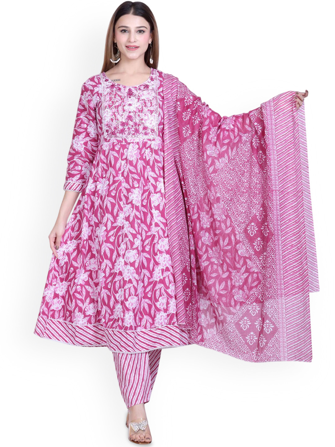 WOOL 4U Floral Printed Round-Neck Anarkali Kurta With Trousers And Dupatta