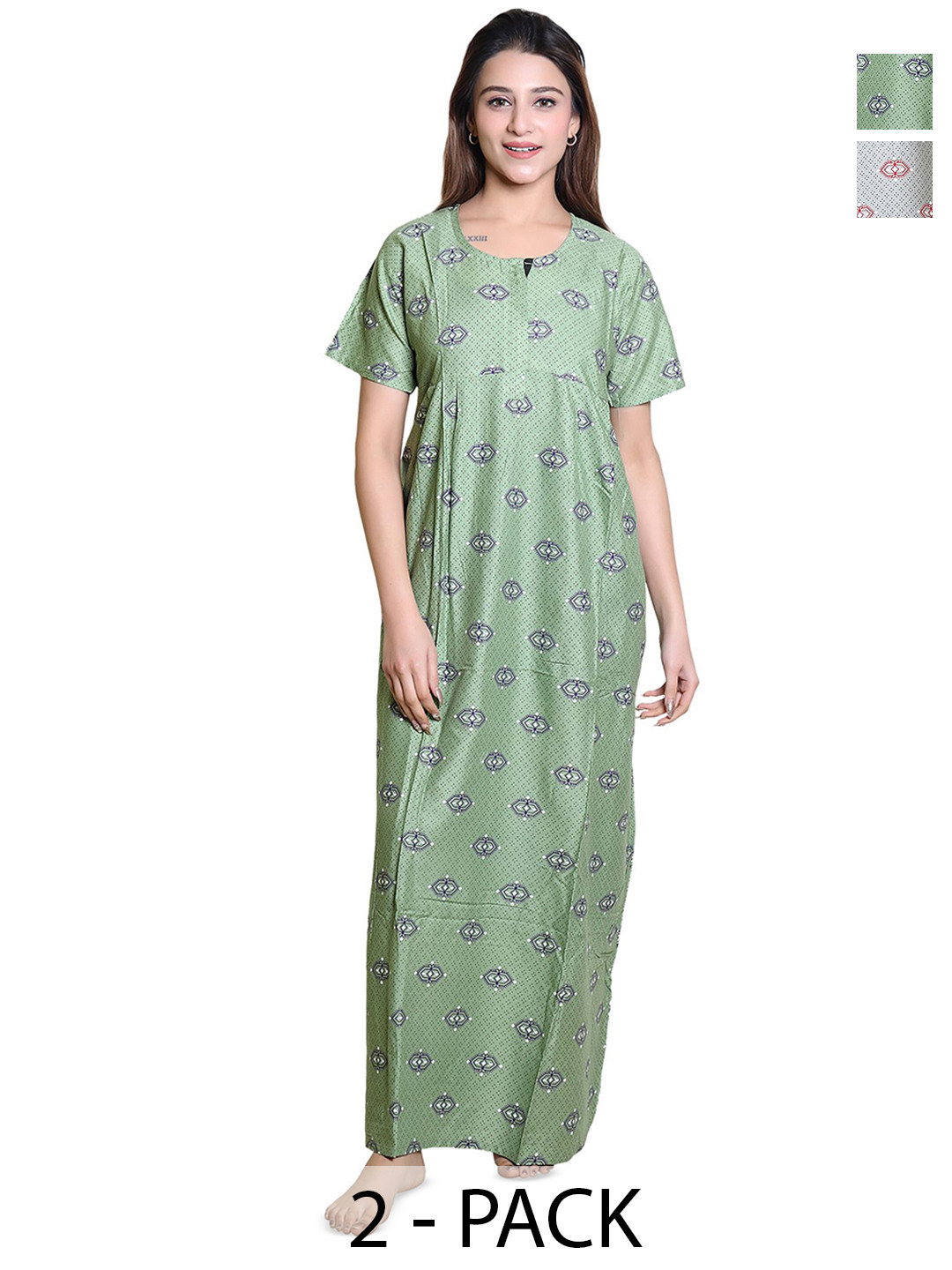 FIRST SLEEP Women Pack Of 2 Printed Pure Cotton Maxi Nightdress