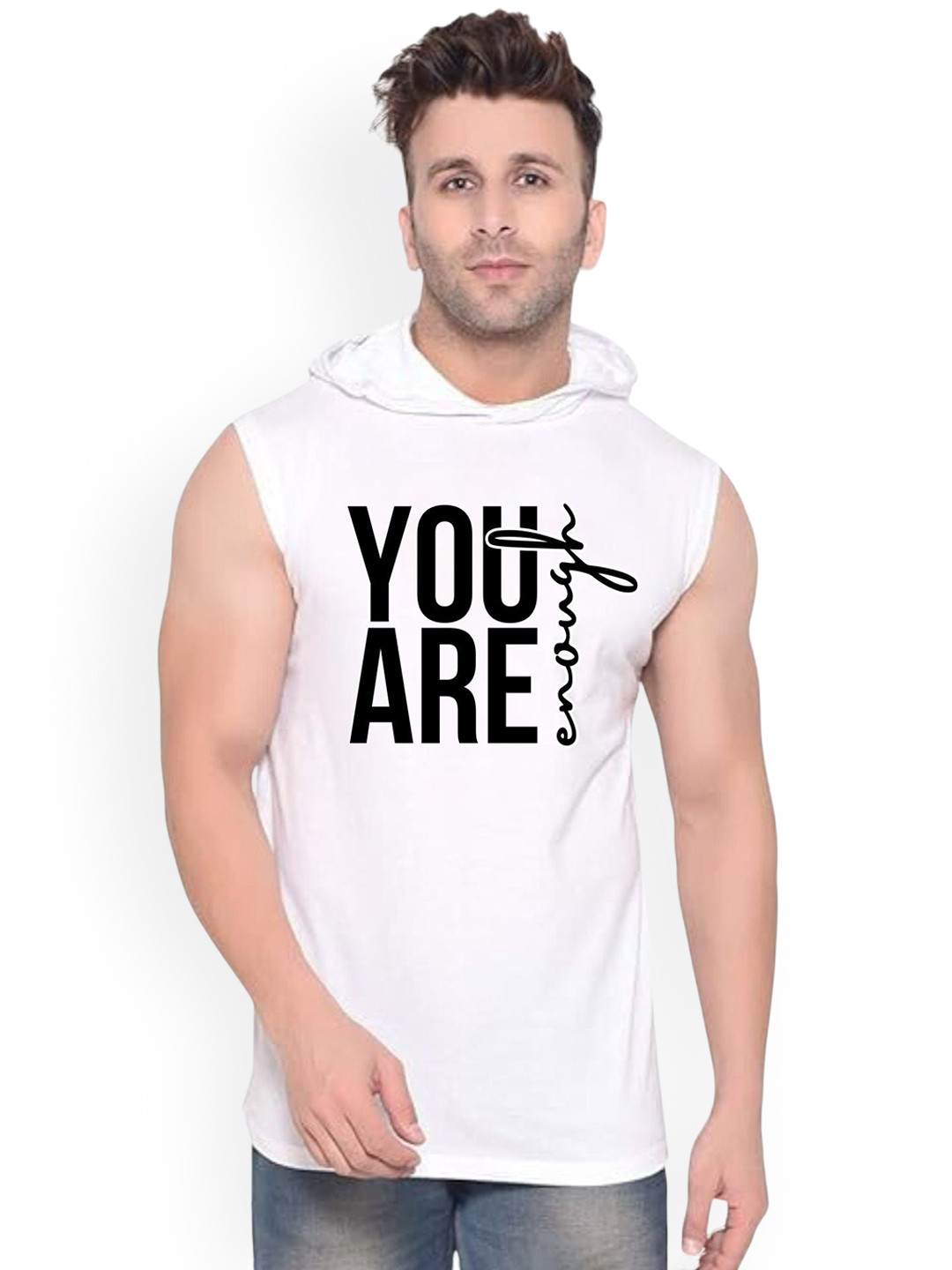 Fashnobic You Are Enogh Printed Hooded Gym Vest -K_Back_Print-176_gym_vest White M