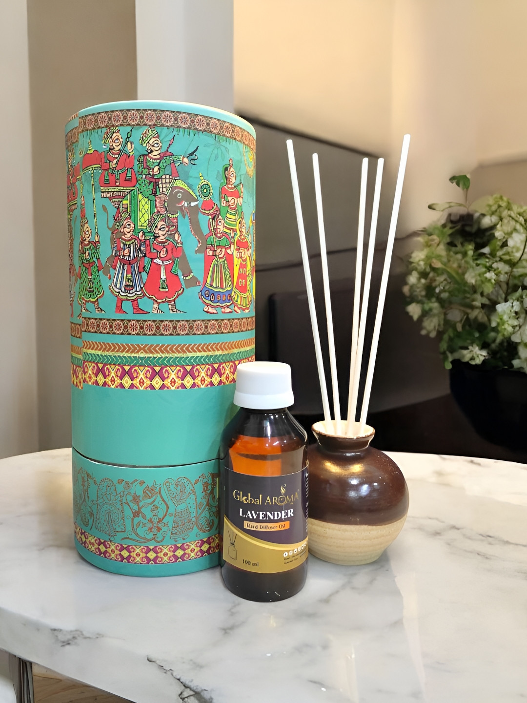 GLOBAL AROMA Brown & Blue Lavender Reed Aroma Oil Diffuser Set - 100 ml