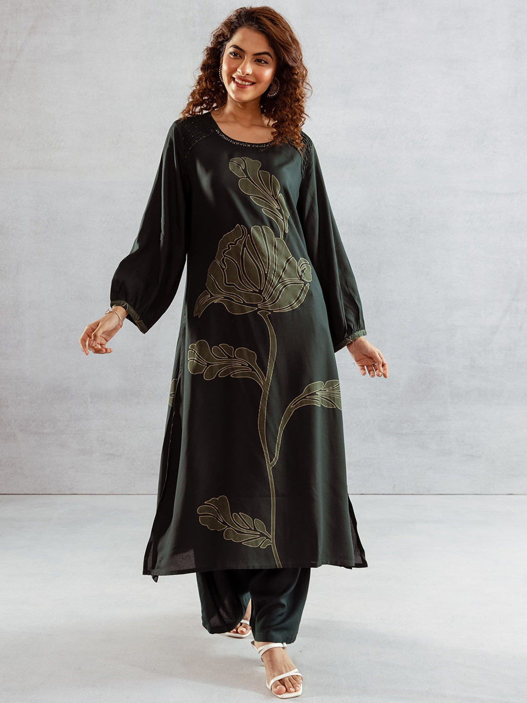 AUTUMN LANE Bakul Moss Floral Printed Beads and Stones Pure Cotton Kurta With Palazzos