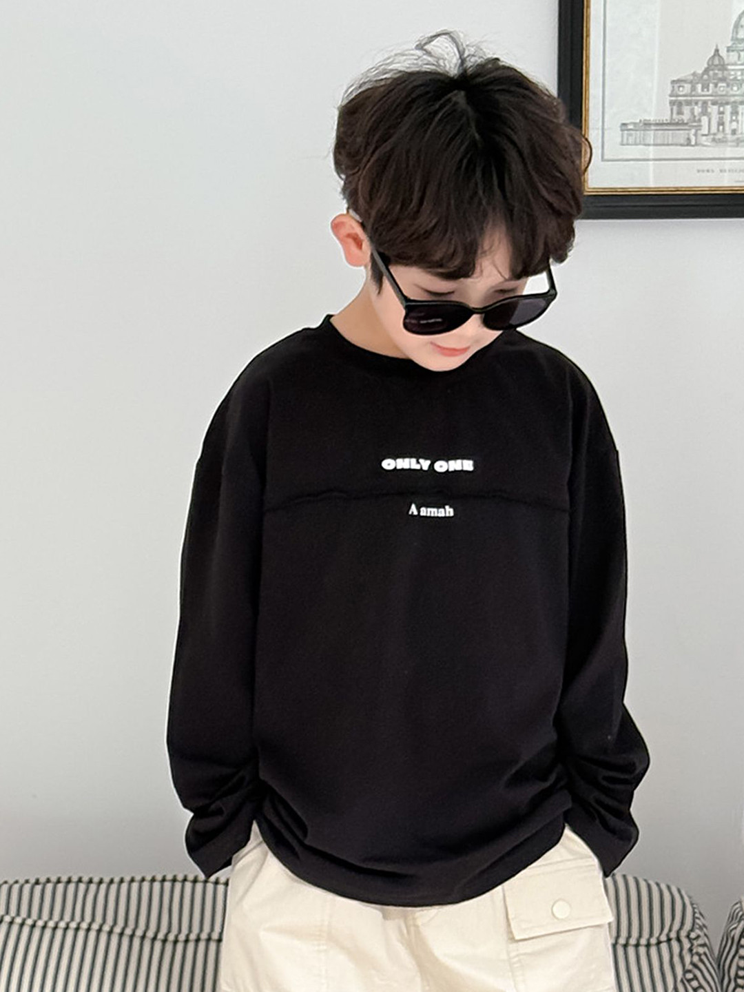 LULU & SKY Boys Typography Checked Oversized V-Neck Crop T-shirt