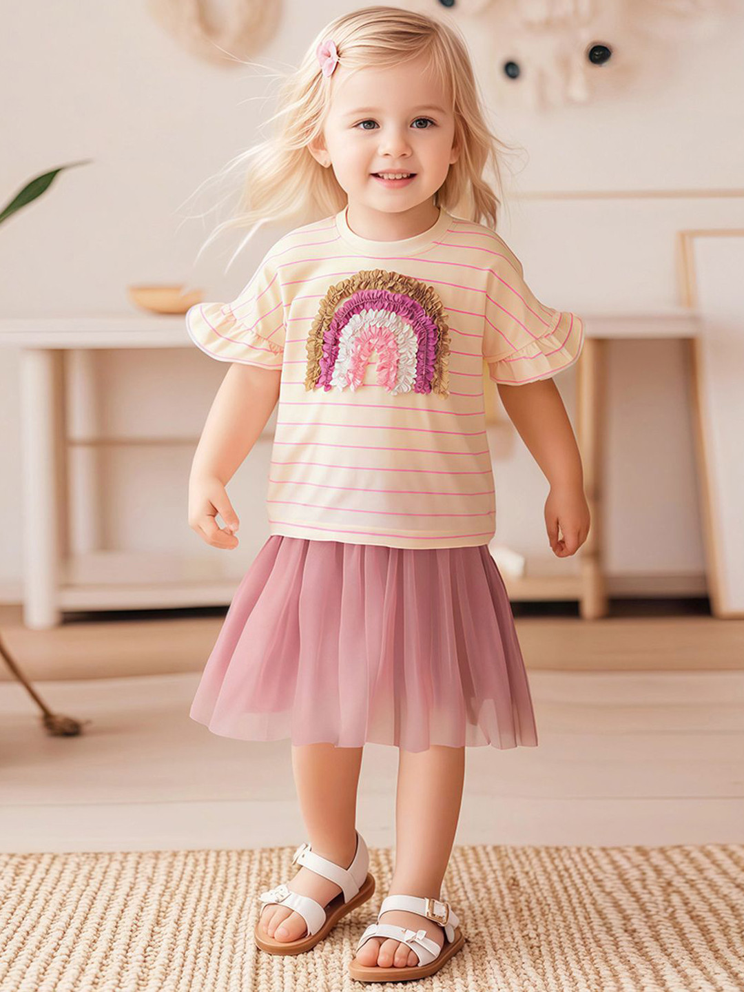 YK Printed Kid-Girls T-Shirt & Skirt Clothing Set