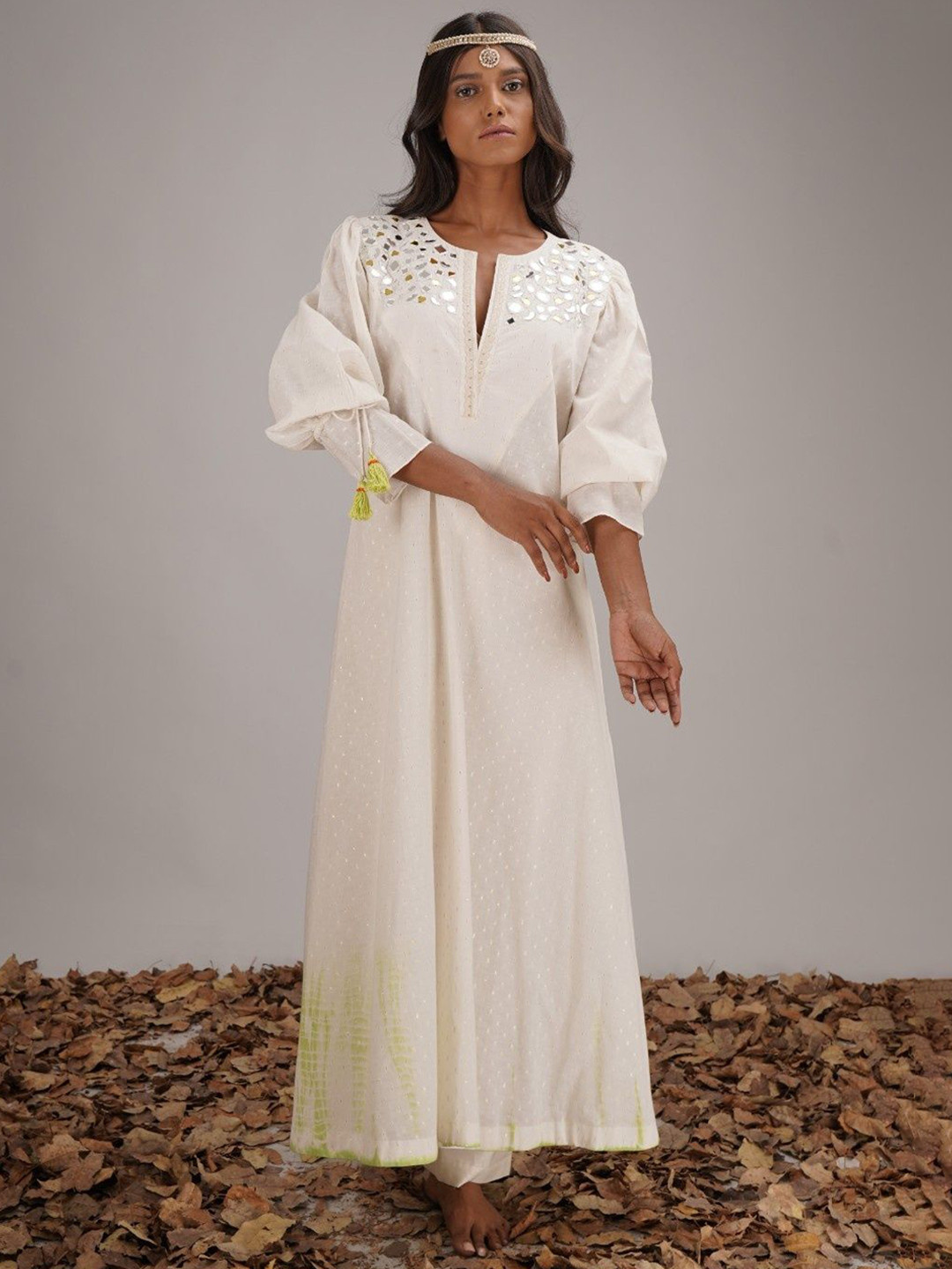 Kyra Embroidered Notch Neck A Line Fusion Kurta With Trousers