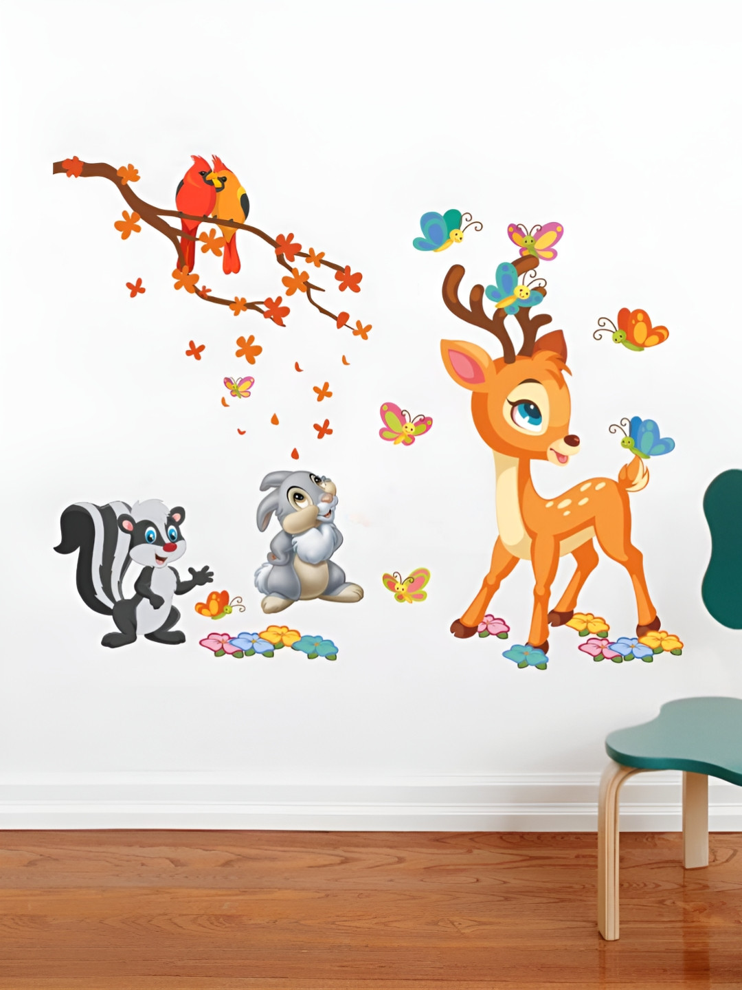 Aura Blue & Brown Little Deer Playing With Butterfly, Self-Adhesive & Durable Wall Sticker