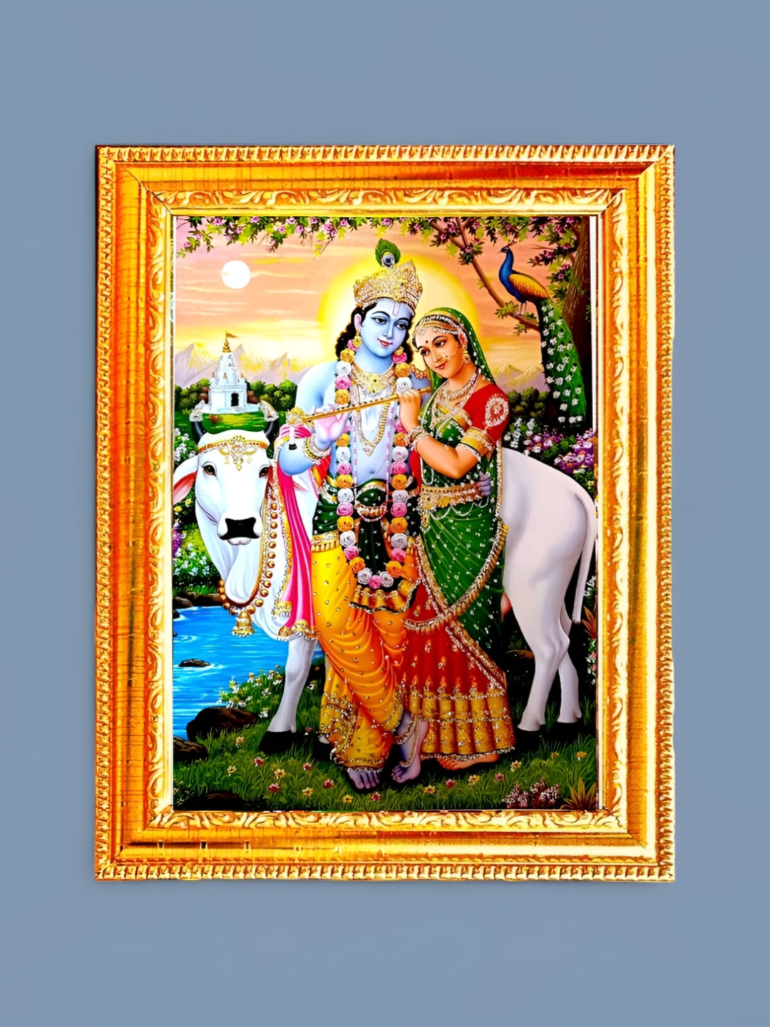 SUNINOW Gold-Toned & White Radha Krishna Wooden Wall Photo Frames