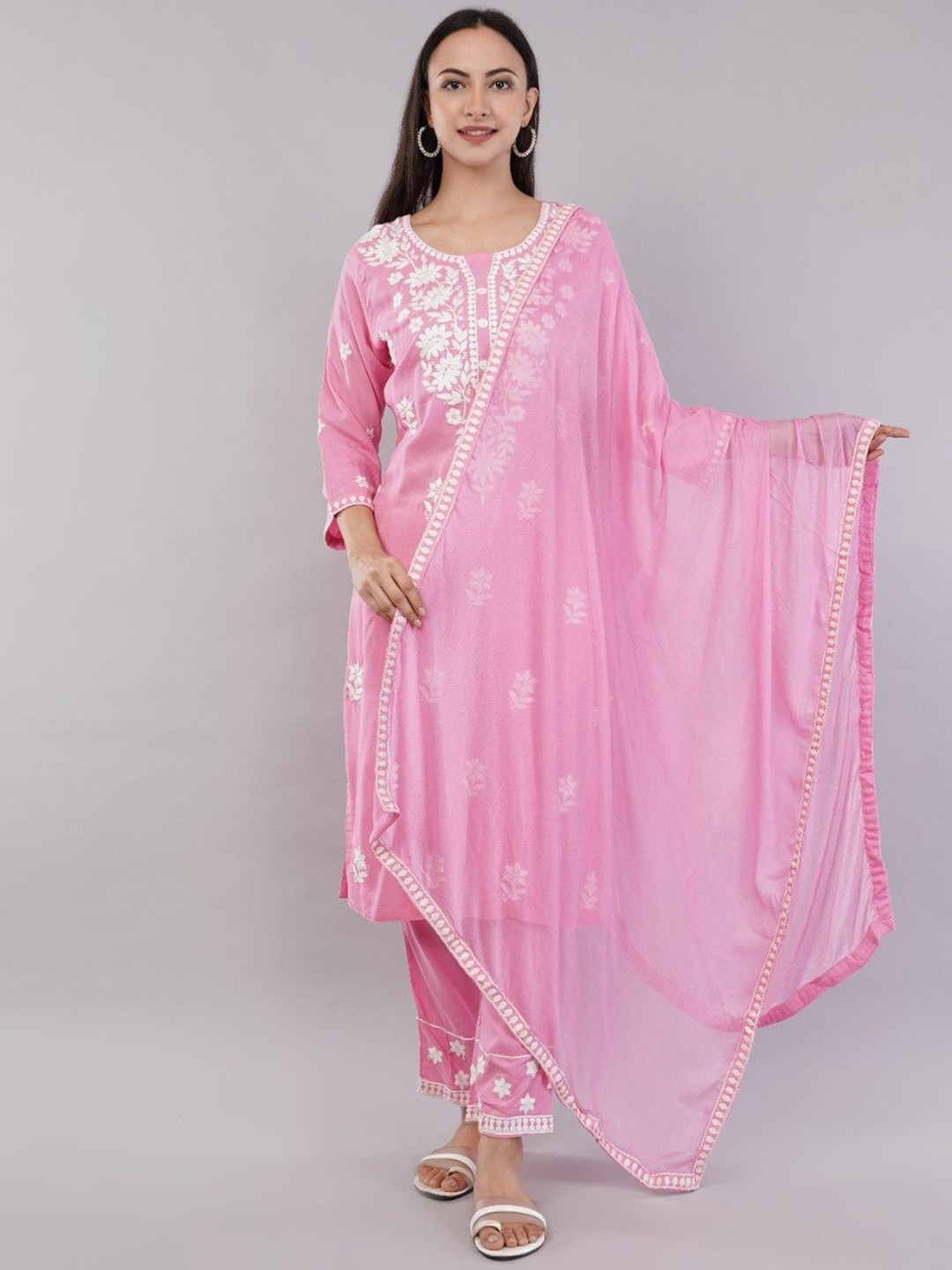 JIDI FASHION Floral Embroidered Regular Kurta With Trousers & Dupatta