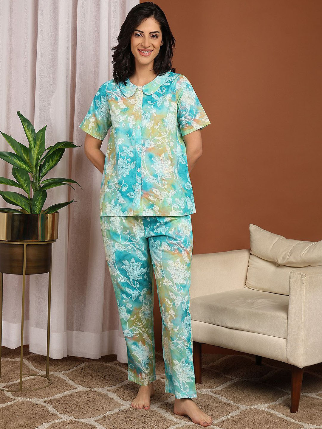 ETC X fwd Women Floral Printed lapel Collar Night suit