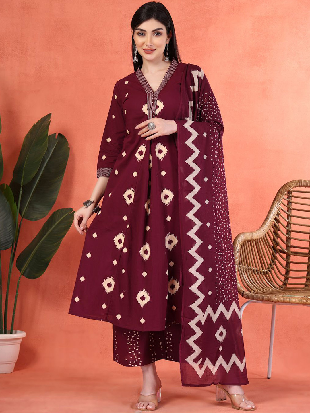 Shangri LA MS Designs Women Bandhani Print Beads and Stones Pure Cotton Kurta Set
