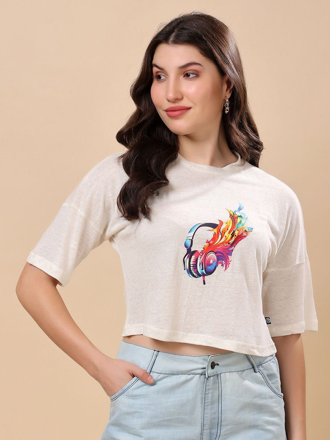 RANGRIWAZ Women Graphic Printed Drop-Shoulder Sleeves Linen Crop T-shirt