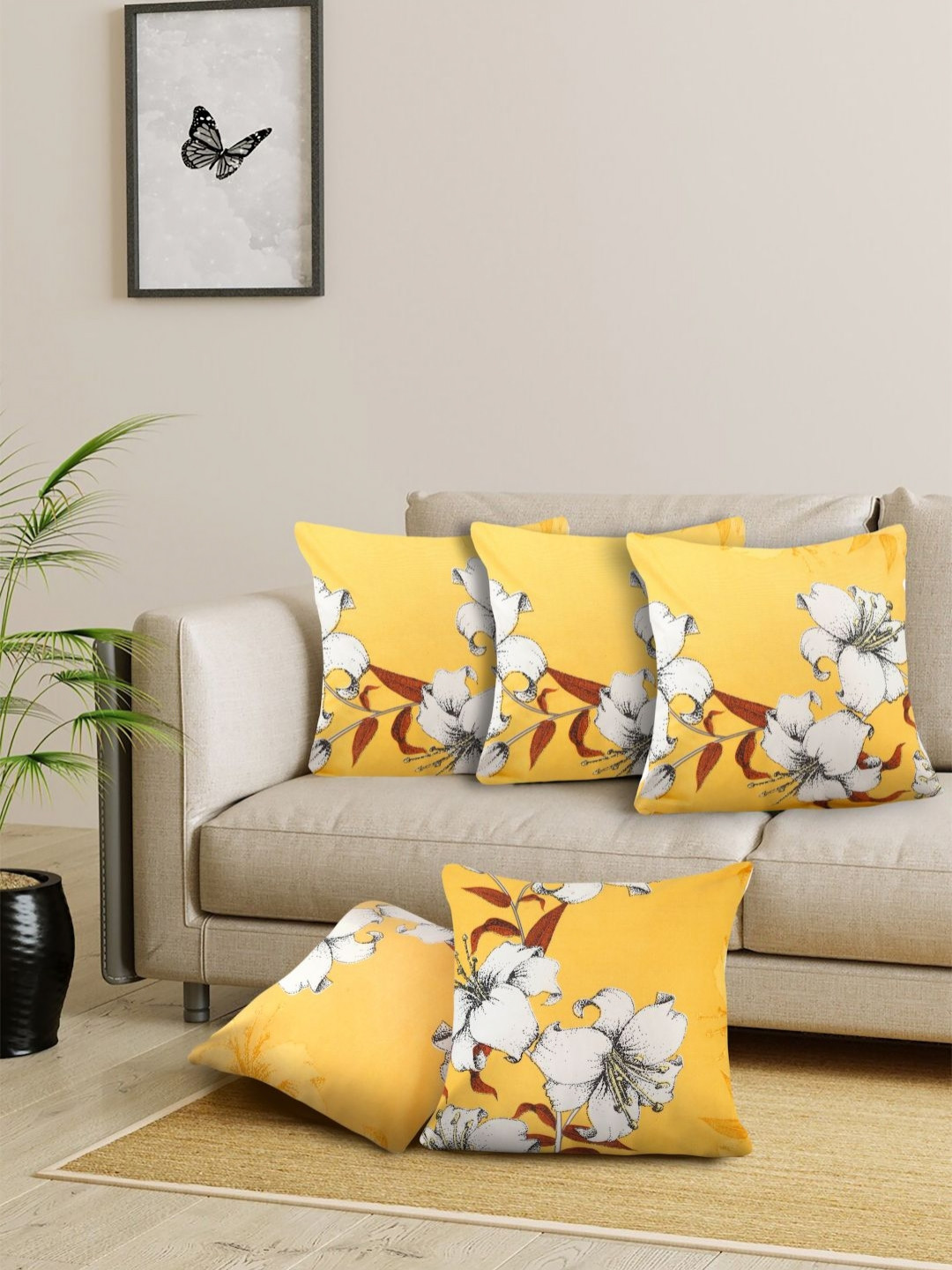 Arrabi Yellow Floral Cotton Blend Breathable 5 Pcs Textured Square Cushion Covers -16x16In