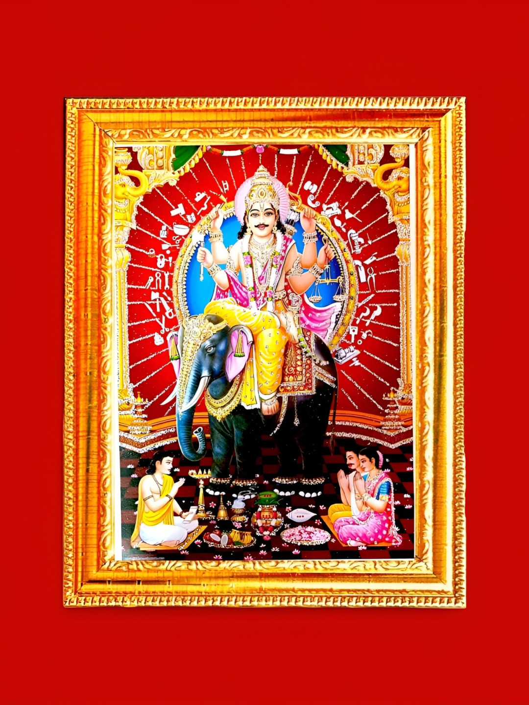 SUNINOW Gold Toned & Red Lord Vishwakarma Printed Photo Frame