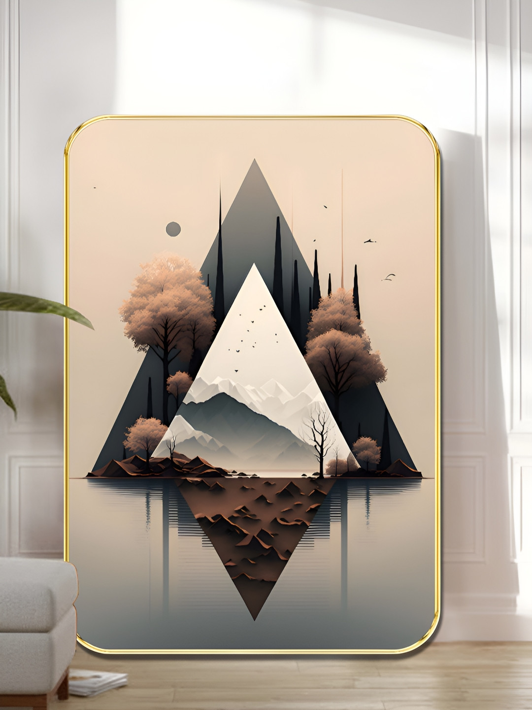 Livin'luxe Beige & Grey Geometric Mountain Landscape Wooden Wall Art