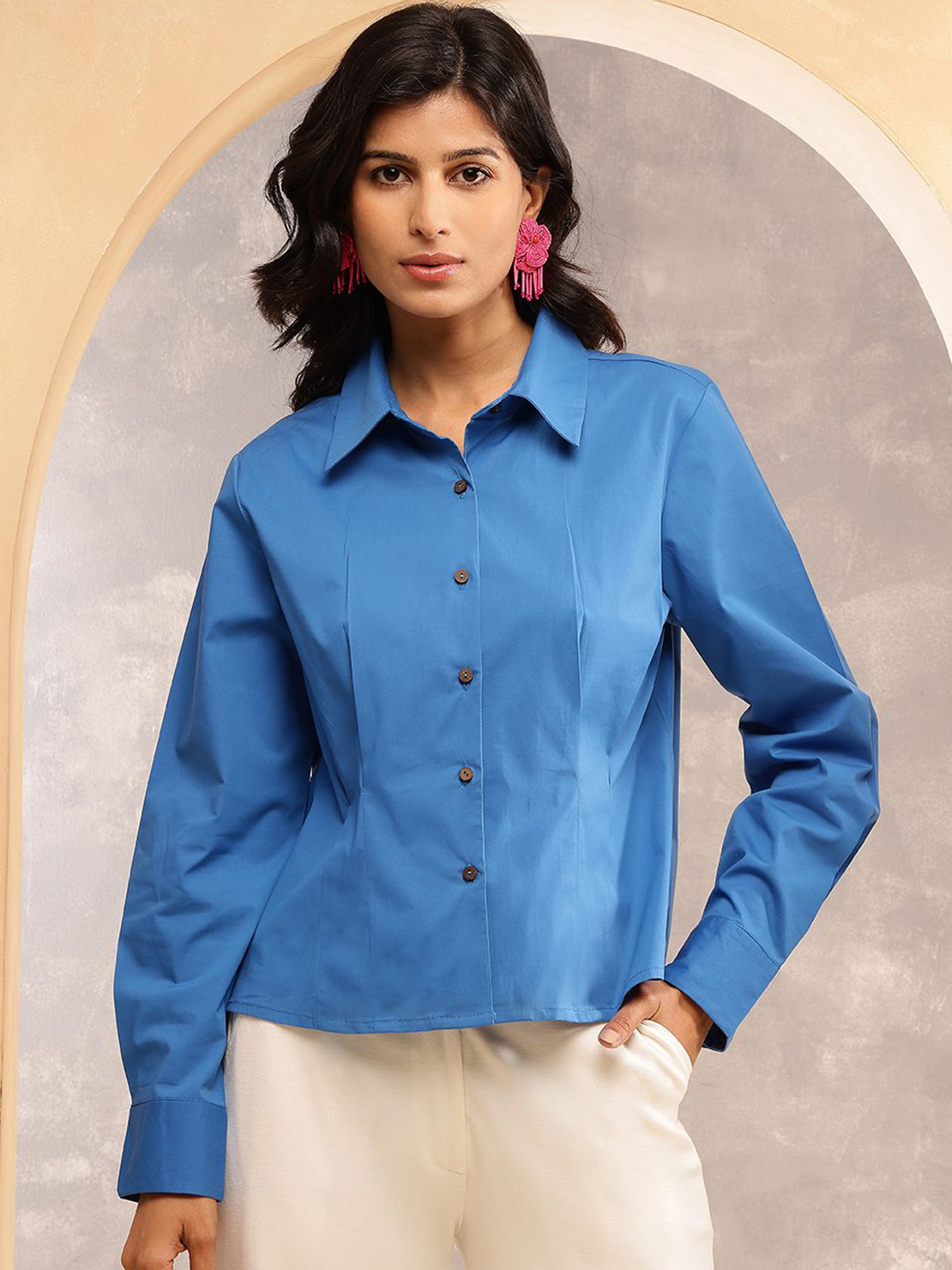 ARAVALII Indigo Women Solid Cotton Shirt Style Top
