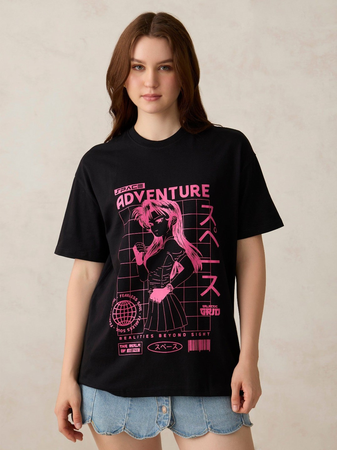 Outzidr Black Graphic Oversized T-Shirt