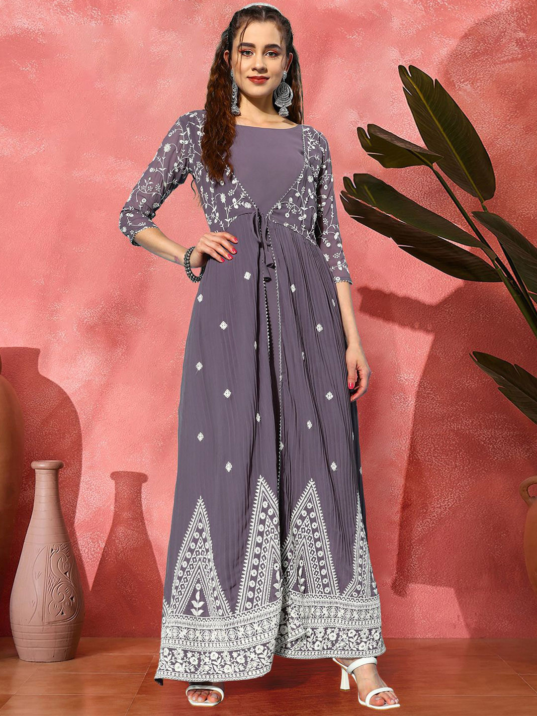 Sangria Sequence Embroidered Flared Maxi Ethnic Dress