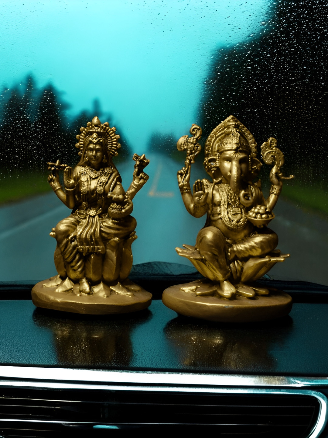 Fabzie Decor Laxmi Ji and Ganesh Ji Gold Marble Metallic Prayer Room Set of 2 Tiny Showpieces - 5 Inches