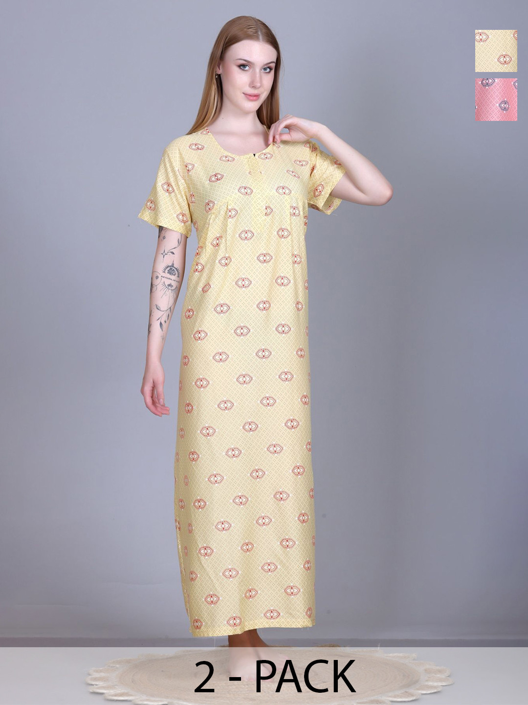 FIRST SLEEP Women Pack of 2 Printed Pure Cotton Maxi Nightdress