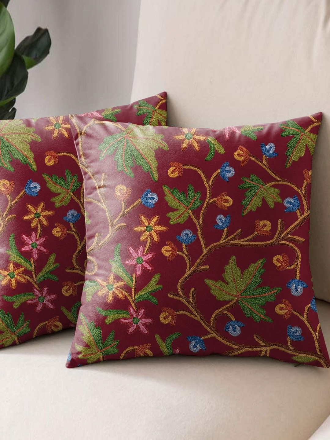 Aura Rust & Green 2 Pieces Floral Square Cushion Covers