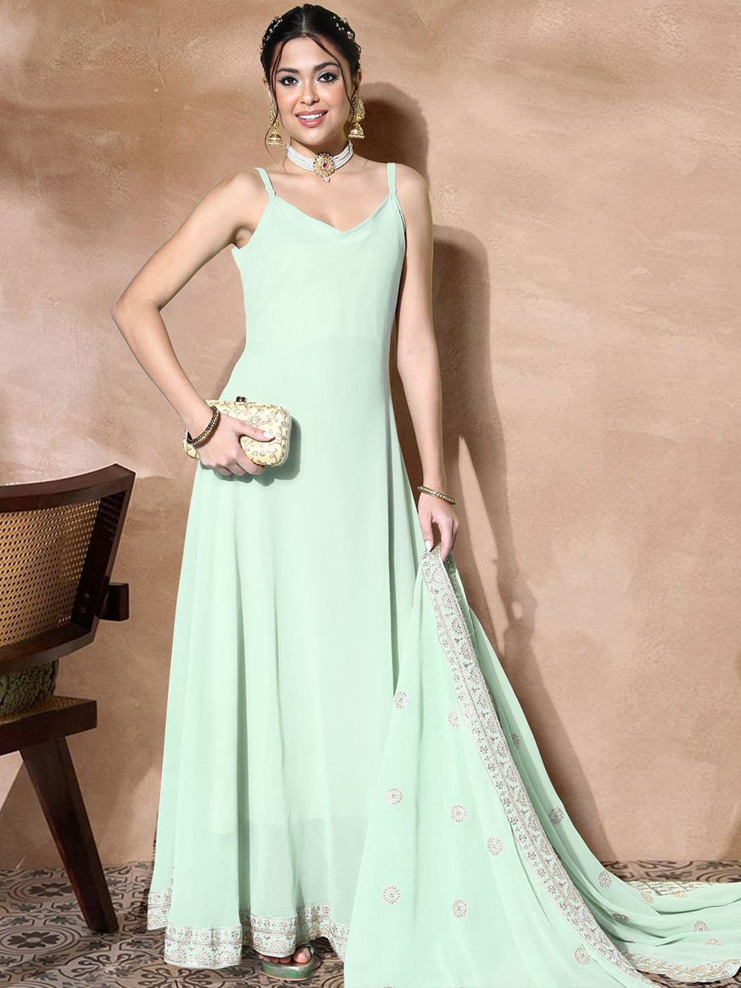 Sangria Zari Sequence Embroidered Bordered A-Line Ethnic Dress With Dupatta