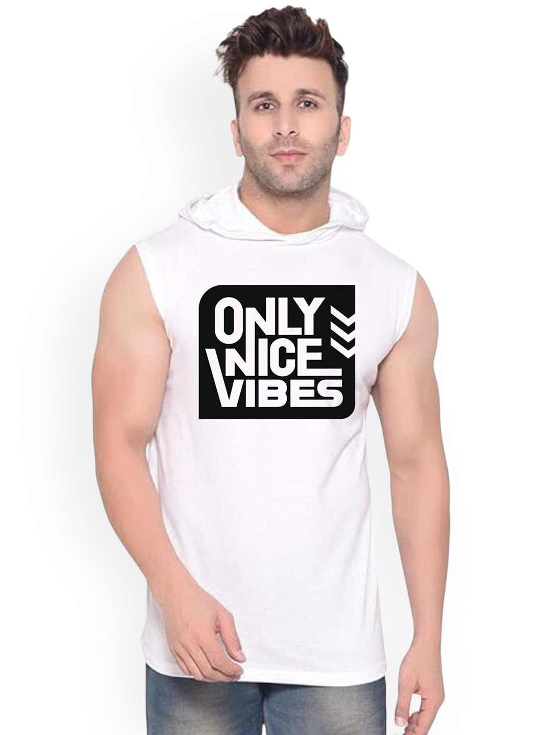 Fashnobic Only Nice Vibes Printed Hooded Gym Vest - K__Print-160_gym_vest White M