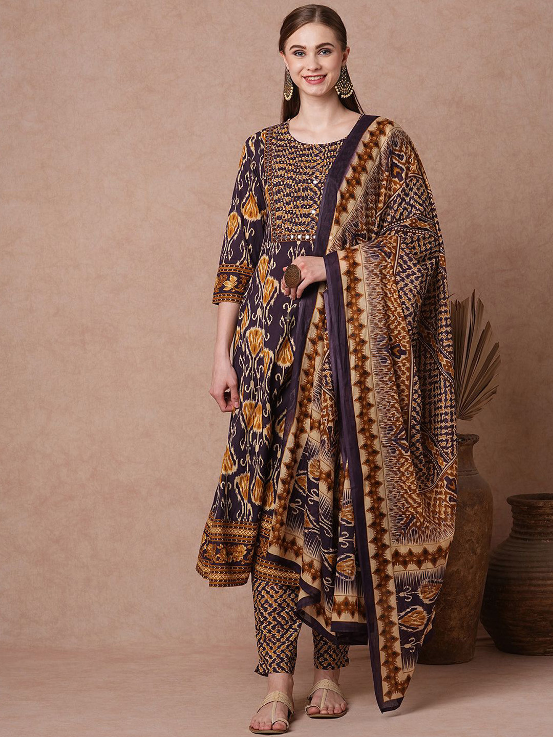 FASHOR Women Ethnic Motifs Printed Mirror Work Pure Cotton Anarkali Kurta Sets