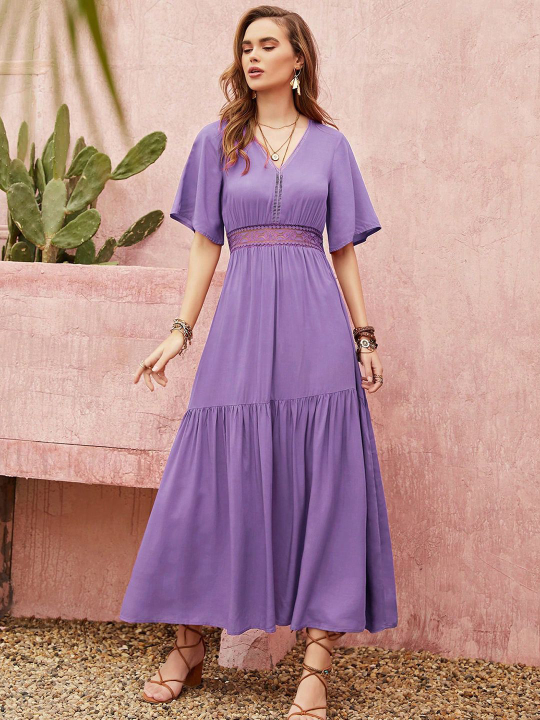 JC Mode Women Lace Inserts Tiered Flared Sleeve Maxi Dress