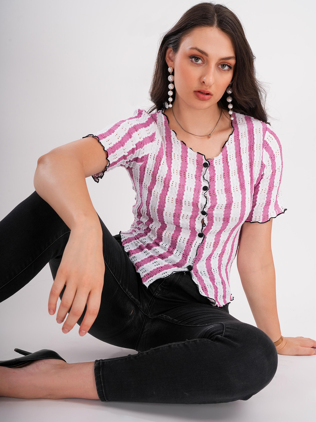 clobug Women Vertical Striped Round Neck Linen Top