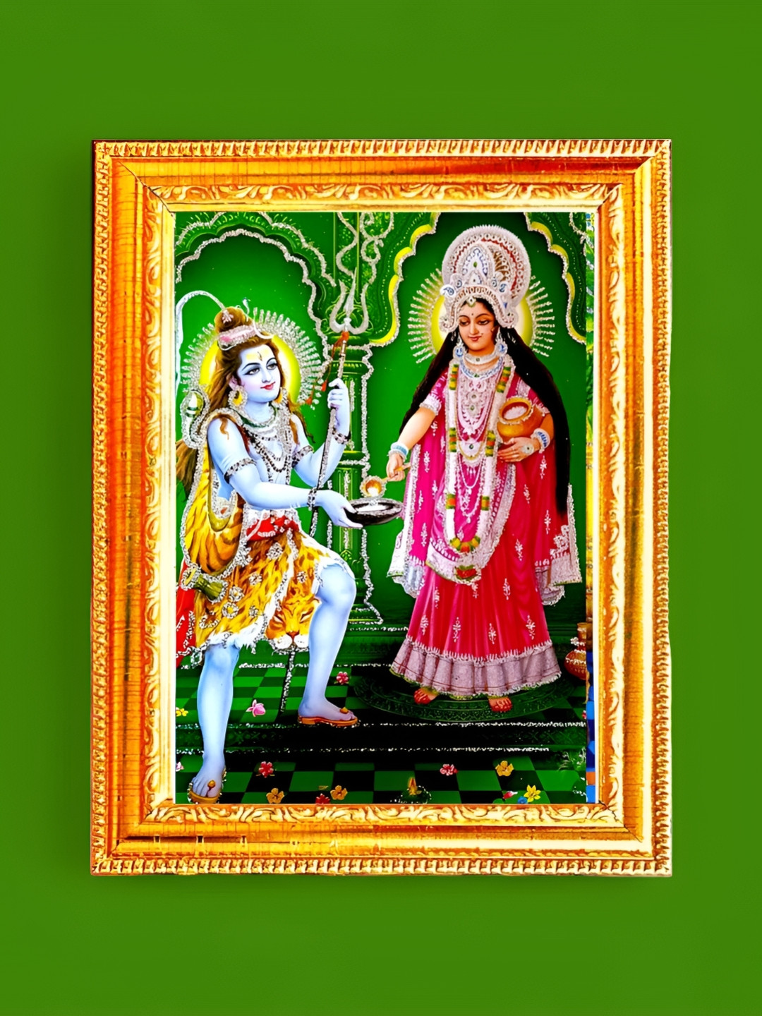SUNINOW Gold Toned & Green Lord Shiva Annapurni Ji Printed Photo Frame