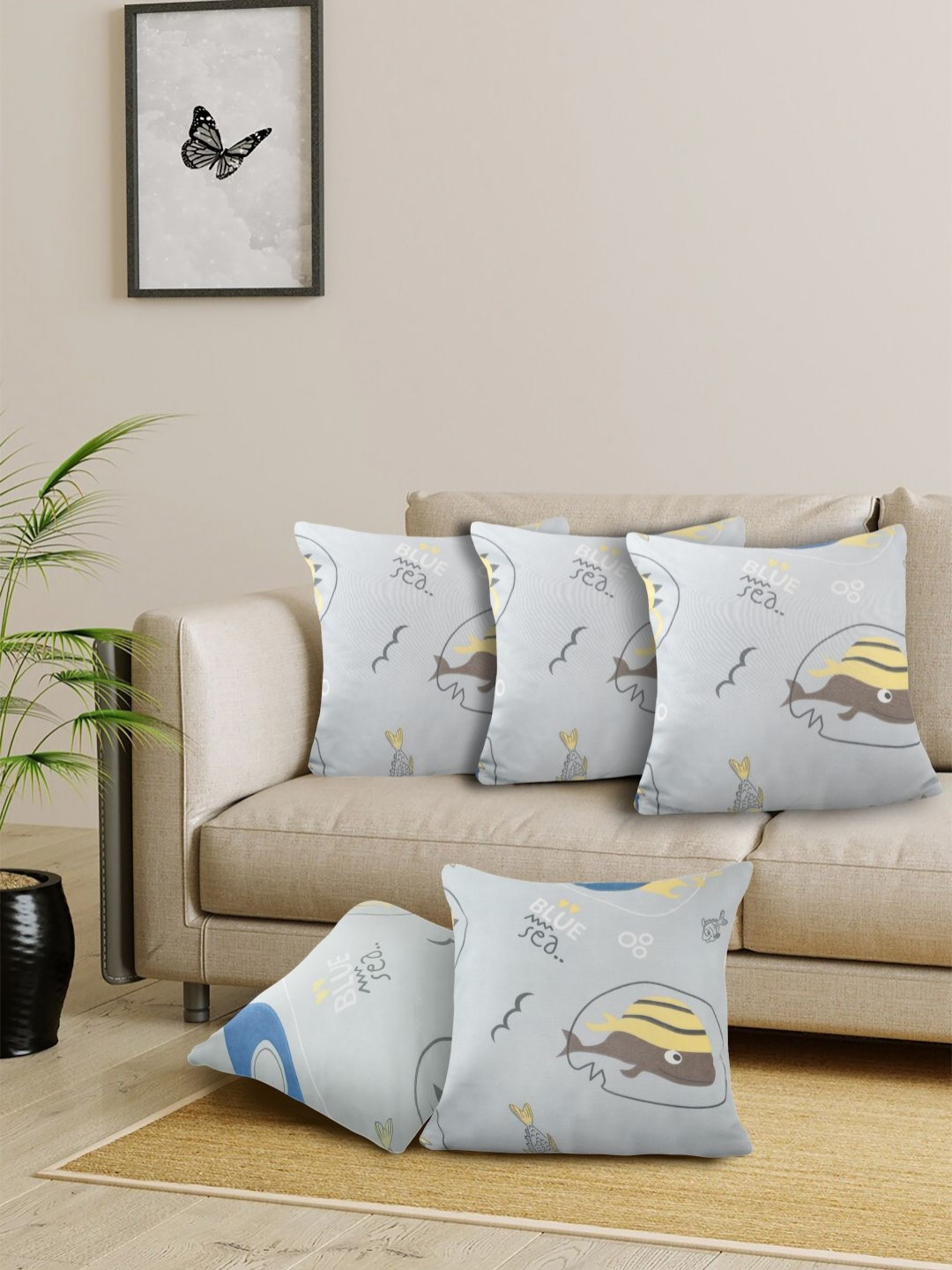 Arrabi Kids Grey & Yellow 5 Pieces Cartoon Characters Printed Square Cushion Covers