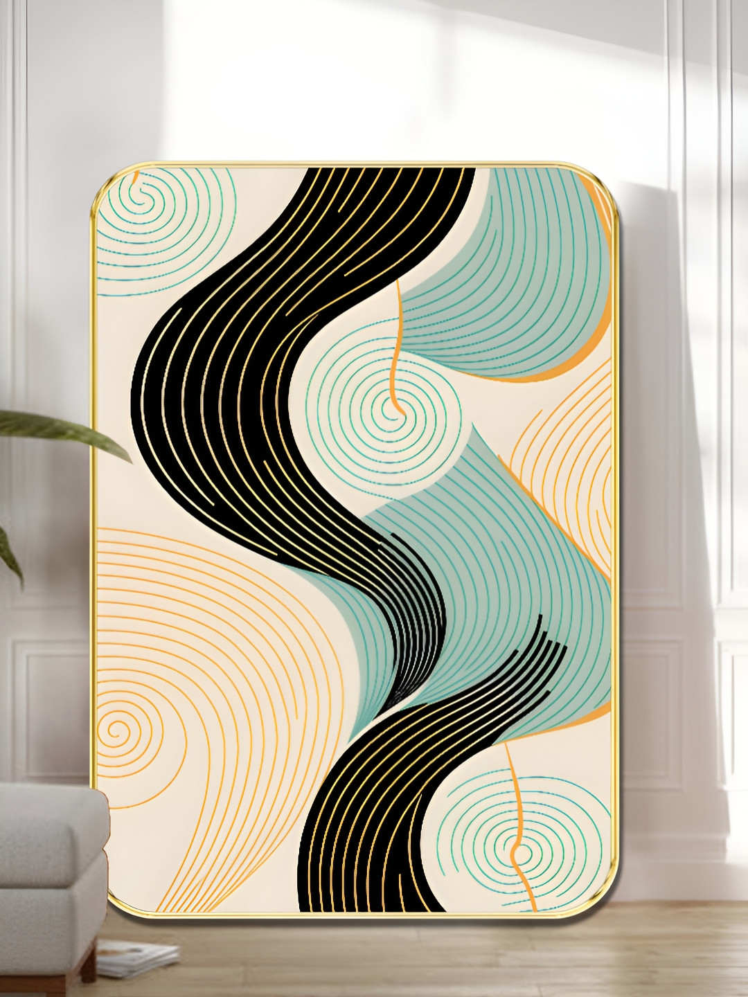 Myntra Elegant Homes White & Blue Modern Abstract Line Wooden Wall Art