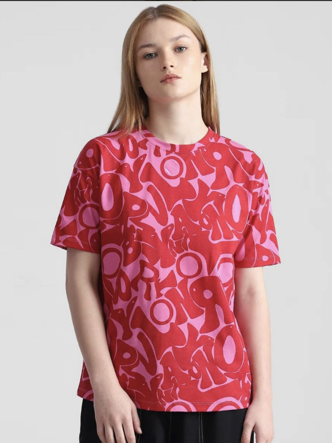 HARPITA Topography Printed Round Neck Drop-Shoulder Sleeves Cotton T-shirt