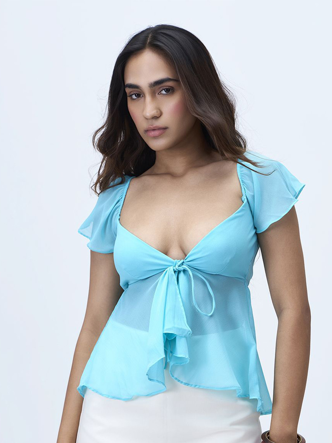 COLOR CAPITAL Women Solid Lace-Up Fitted Mist Top