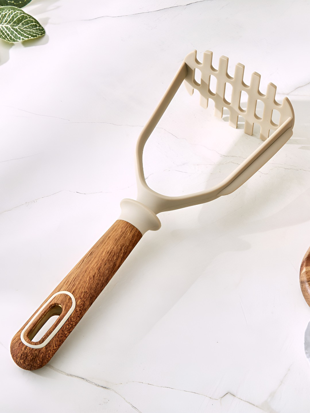 Home Centre Chef's Pride Cream-Colored & Brown Cerro Potato Masher with Wooden Handle